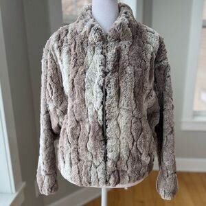 VICI Brown Gray White Faux Fur Coat Cropped Fur Bomber Jacket Size Medium